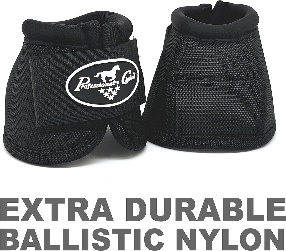 Black pair of horse bell boots showing tough nylon outer cover