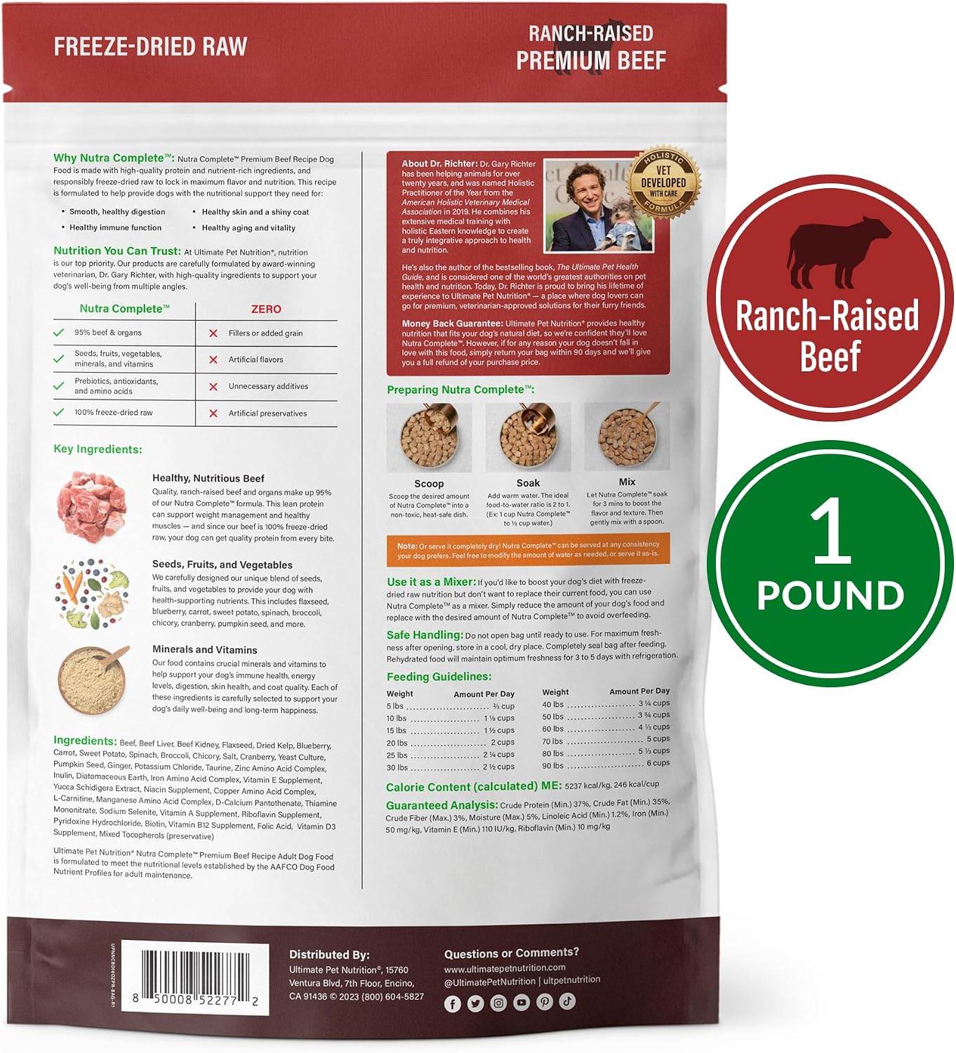 Ultimate Pet Nutrition freeze dried beef pieces inside the package layout
