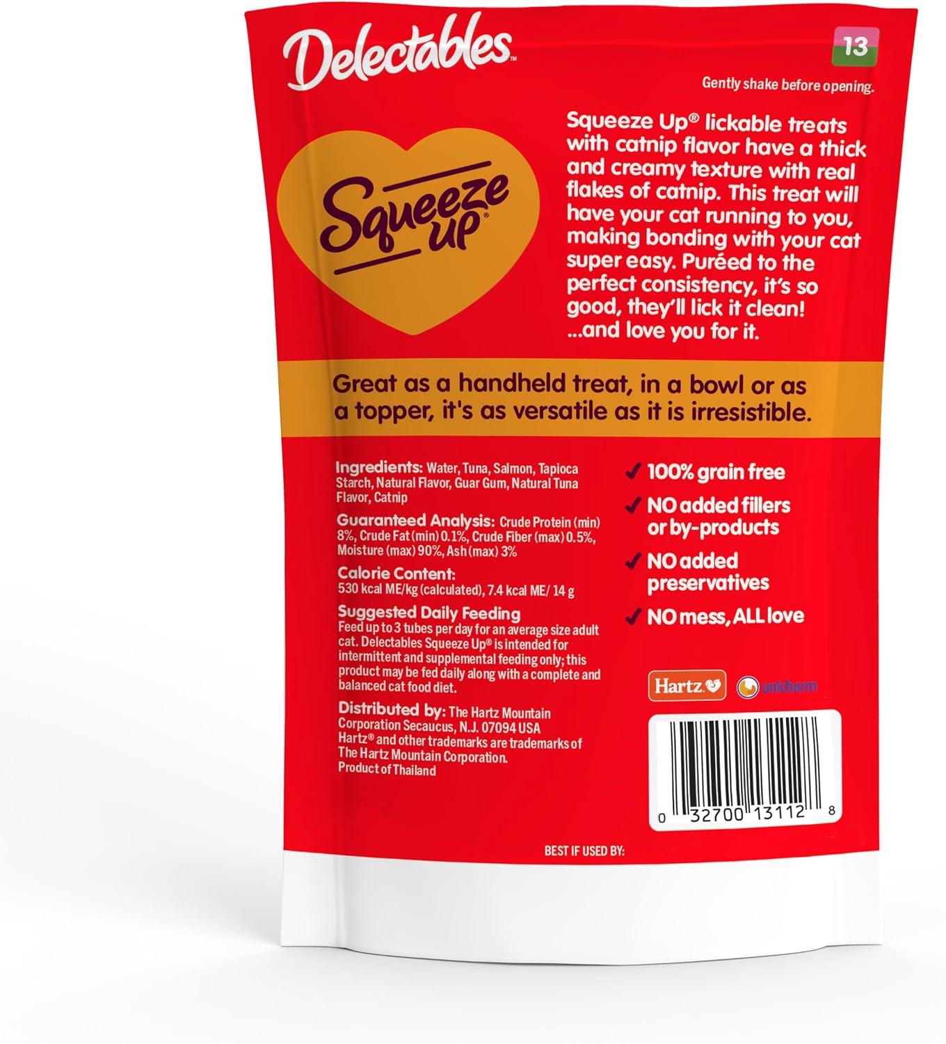 Puree cat treat infused with catnip flakes nutritional label