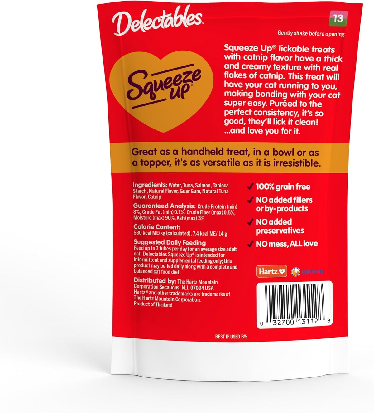 Puree cat treat infused with catnip flakes nutritional label