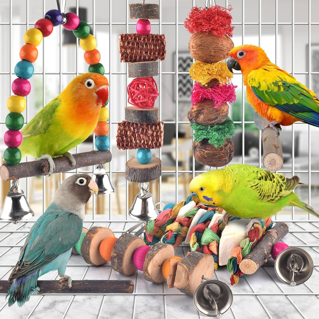 Natural wood hanging bird chew toy with loofah and corn husks