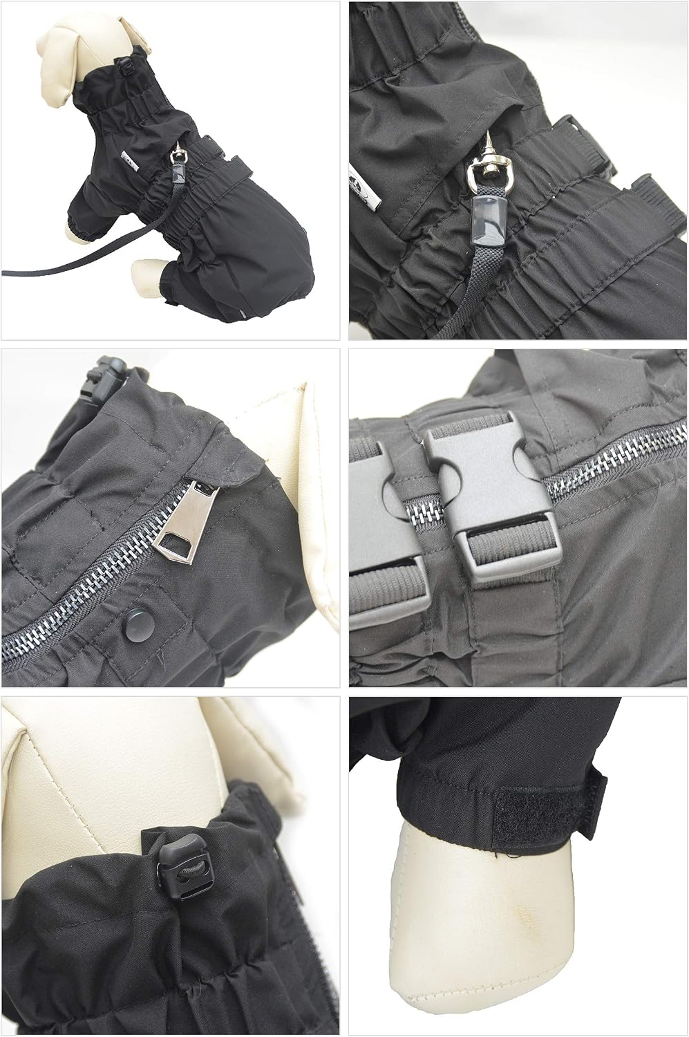 Premium outdoor dog jacket with leash opening close up detail