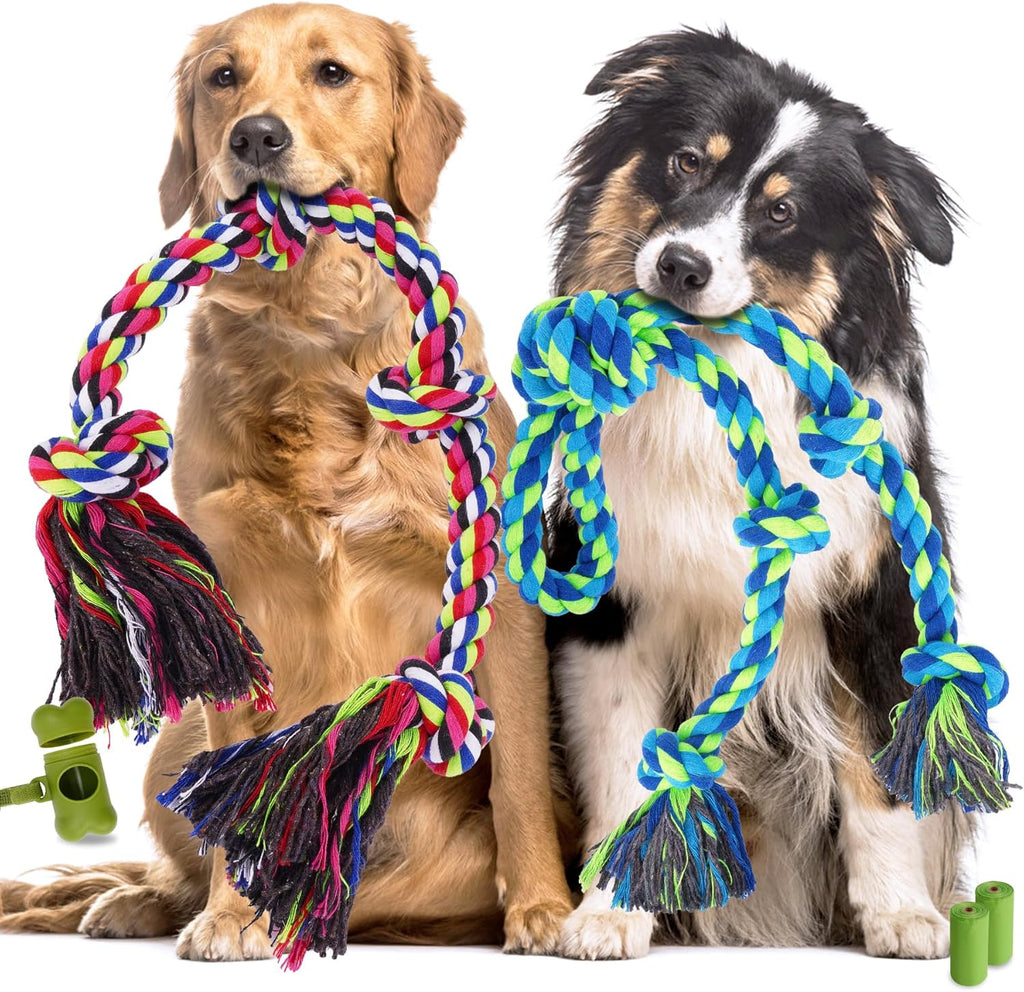 Eefitoys heavy duty dog rope toy set front view showing two thick cotton ropes and waste bag dispenser accessories.