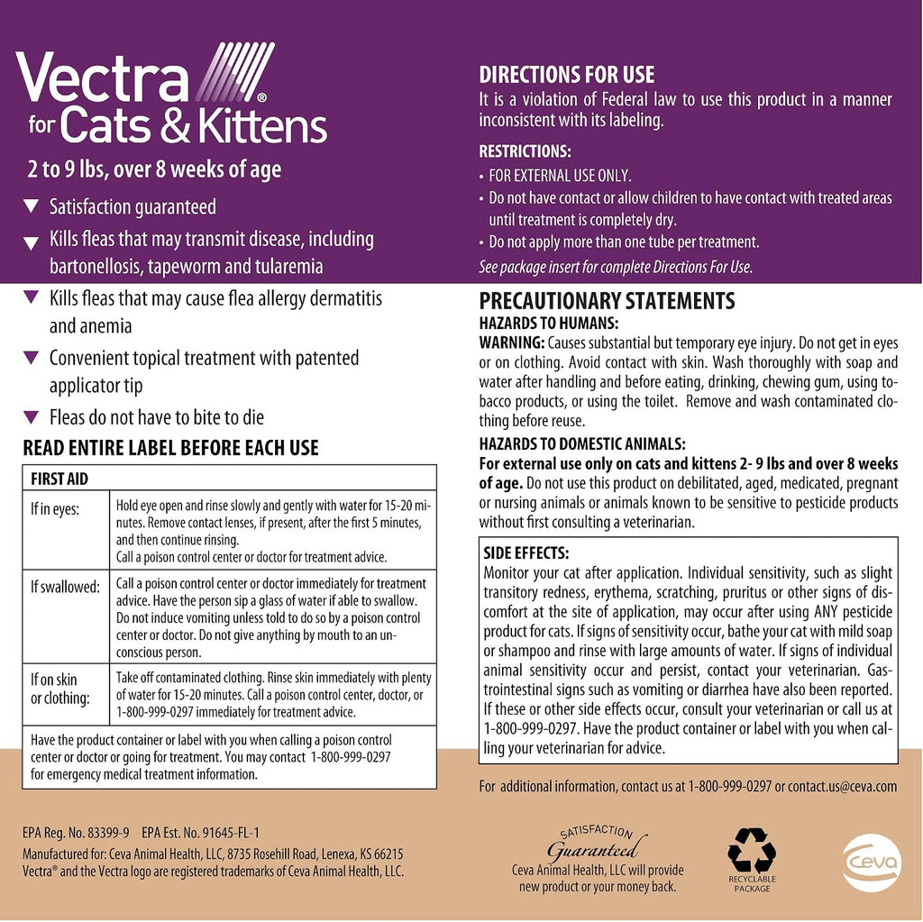Vectra monthly flea prevention for small cats three month supply packaging details
