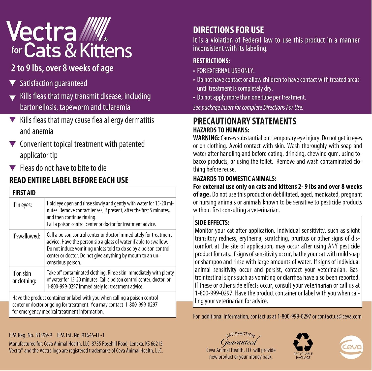 Vectra monthly flea prevention for small cats three month supply packaging details