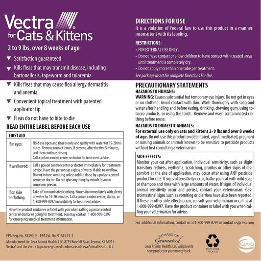 Vectra monthly flea prevention for small cats three month supply packaging details
