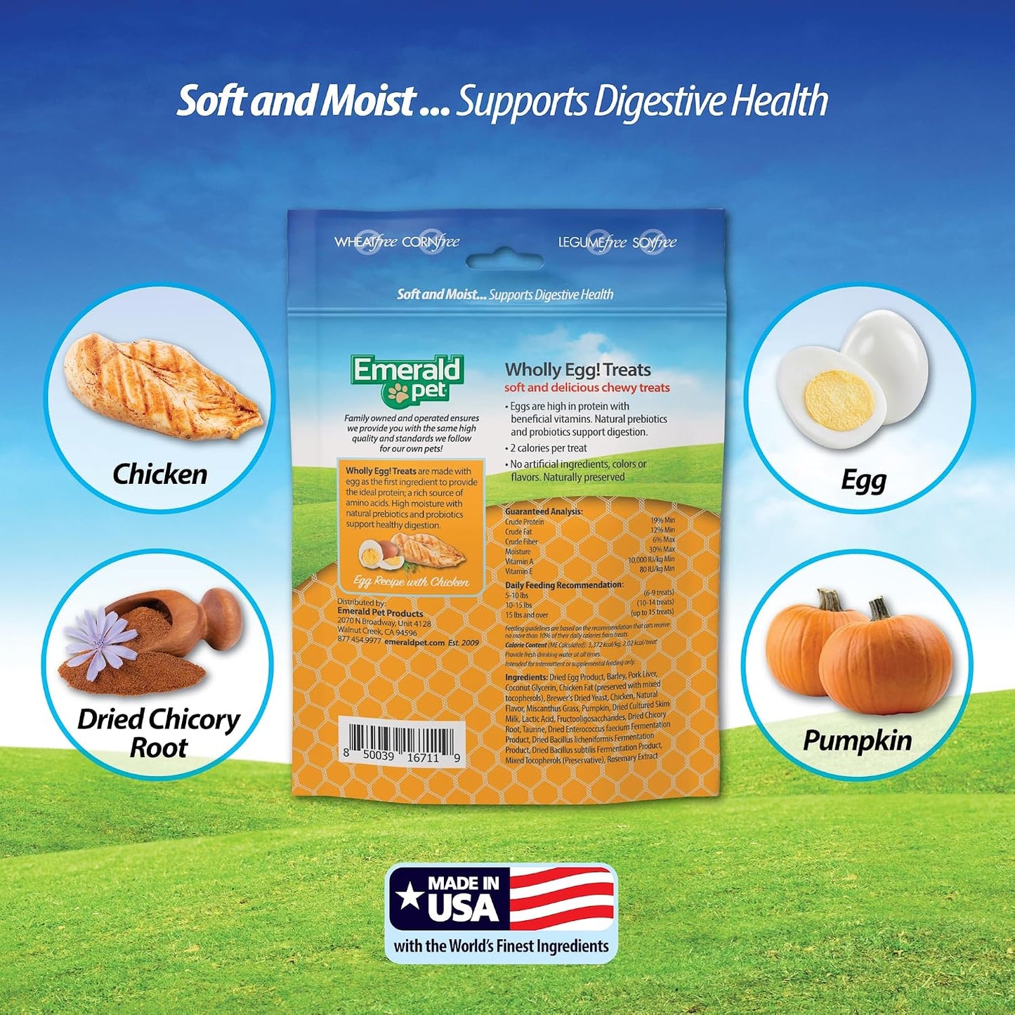 Emerald Pet low calorie grain free cat rewards close up view of pouch