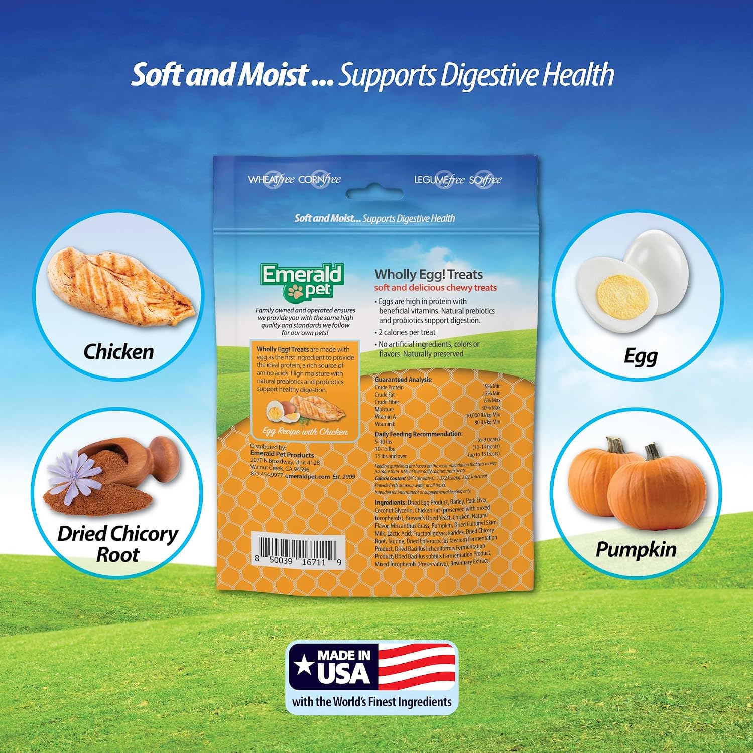 Emerald Pet low calorie grain free cat rewards close up view of pouch