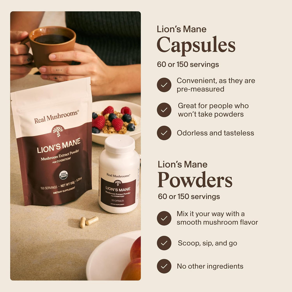 Real Mushrooms Lion's Mane Capsules, Brain, Focus and Cognition, 120ct - Image 6