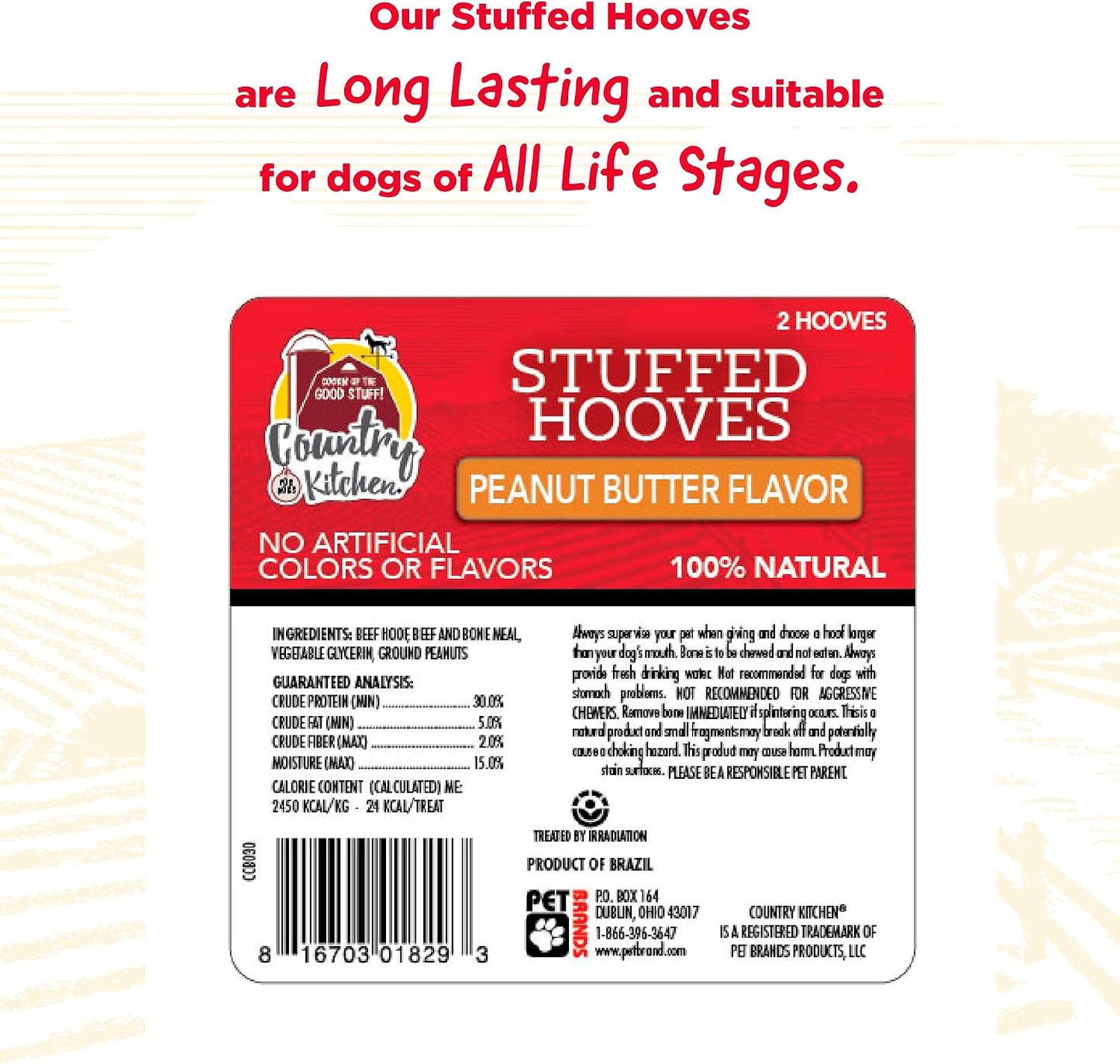 Side profile of stuffed beef hoof dog treat on white background