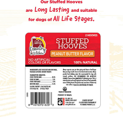 Side profile of stuffed beef hoof dog treat on white background