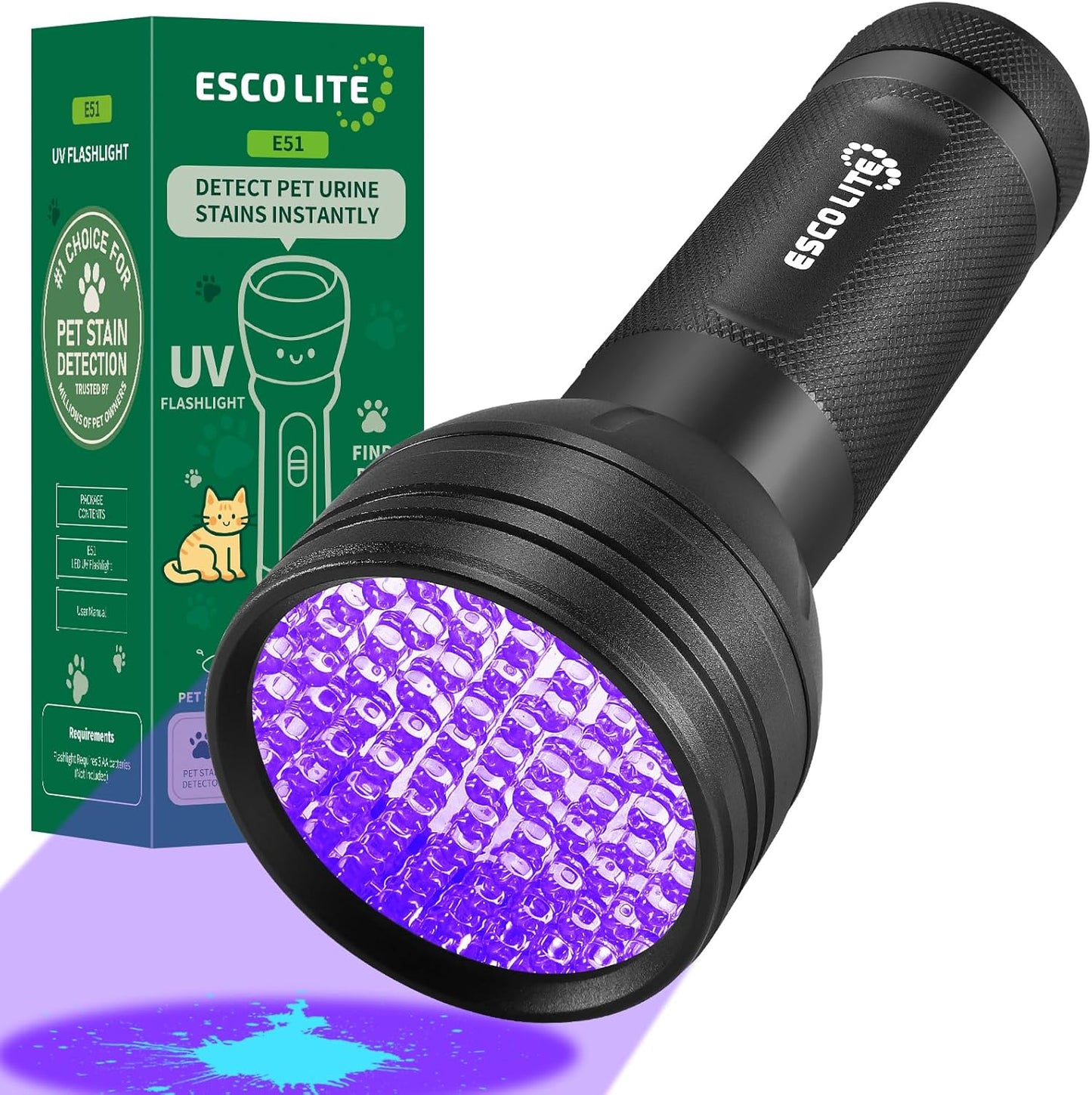 Escolite UV detector scanning a rug to pinpoint hidden pet odors for deep cleaning.