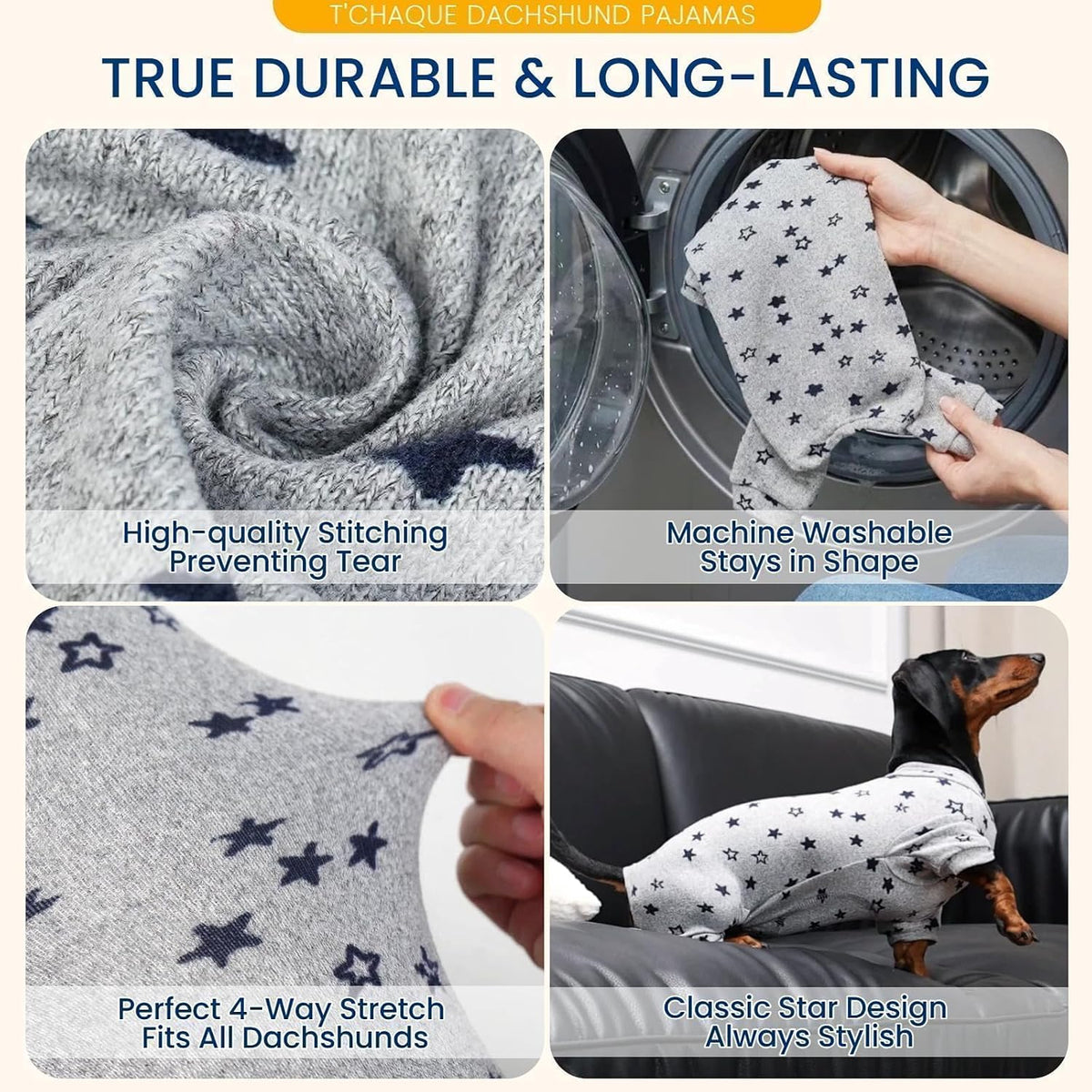T'CHAQUE surgical recovery suit for small dogs illustrating full leg coverage.