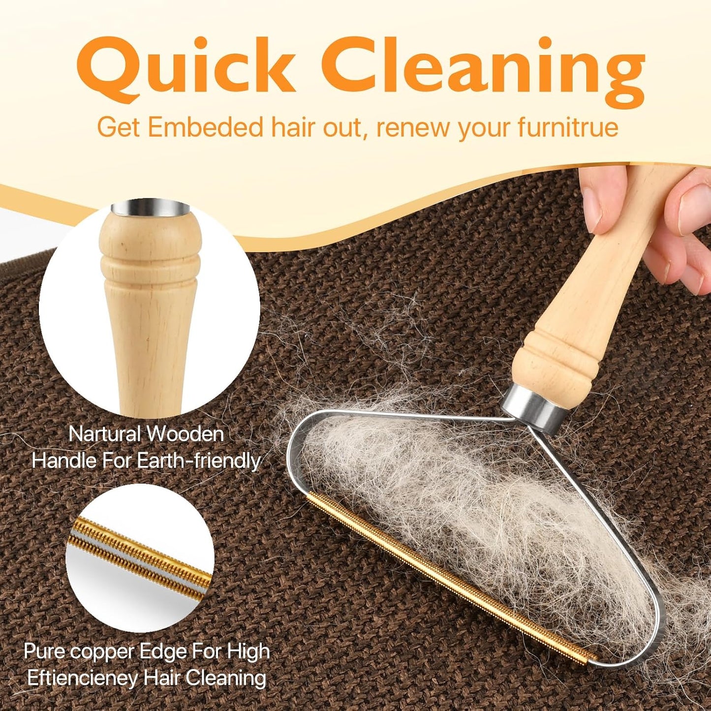 AXEGY pet fur carpet rake with copper head and wooden handle