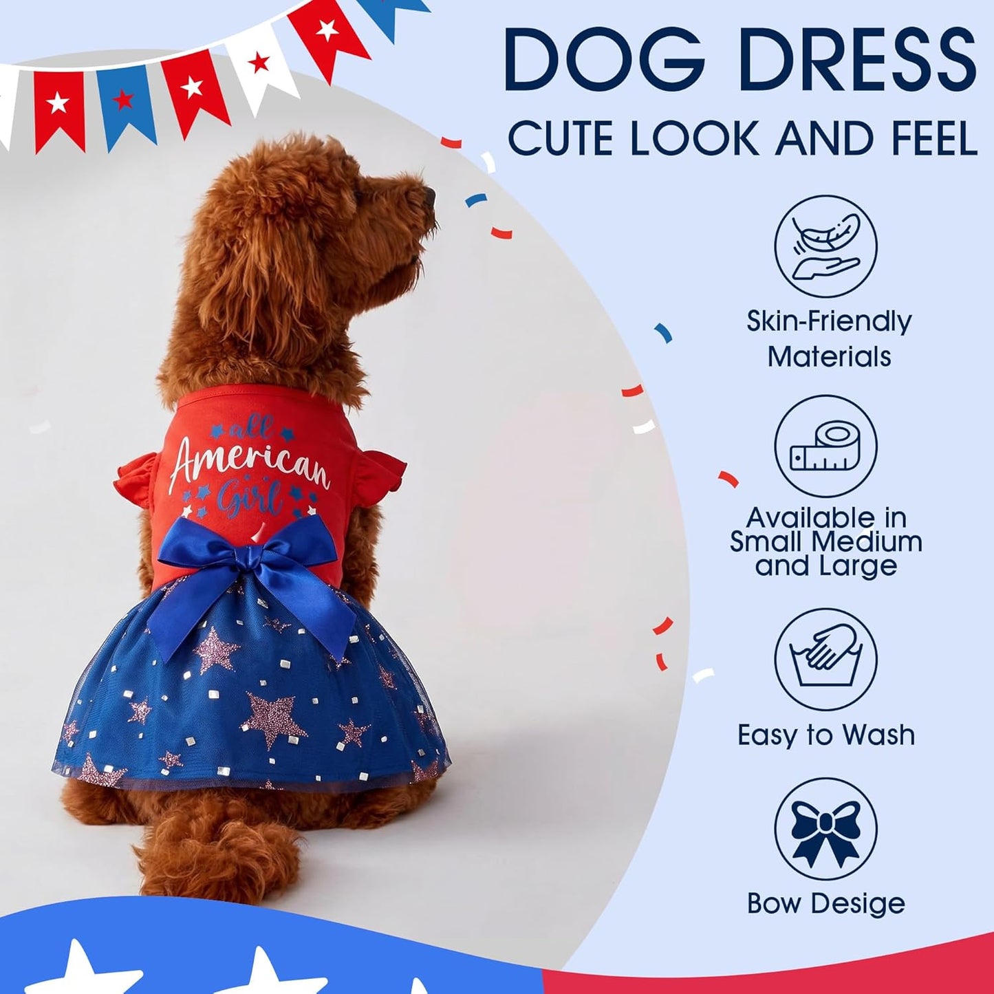 Close-up view of the elegant bowknot ornament on patriotic dog clothing
