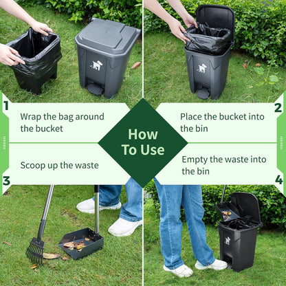 Biubiucat long handle rake and scooper tray cleaning up outdoor dog waste on grass
