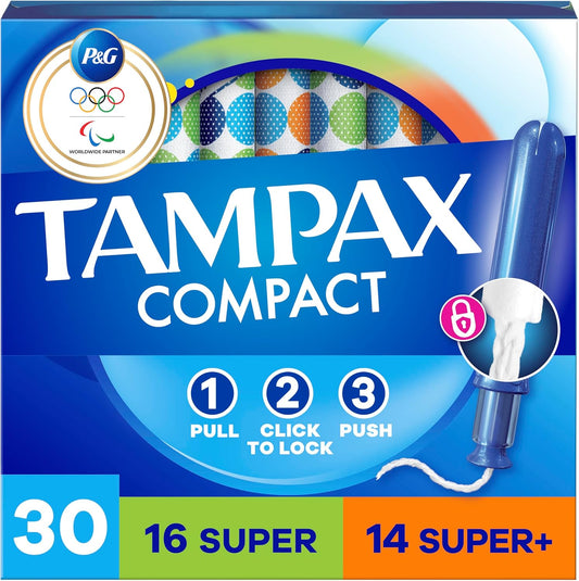 Tampax Compact Pearl Tampons 30 Count front pack view showing Super and Super Plus variety.