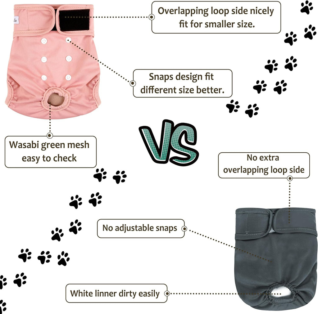 Grecle pet incontinence dog diapers in medium size flat layout illustrating adjustable length snaps.