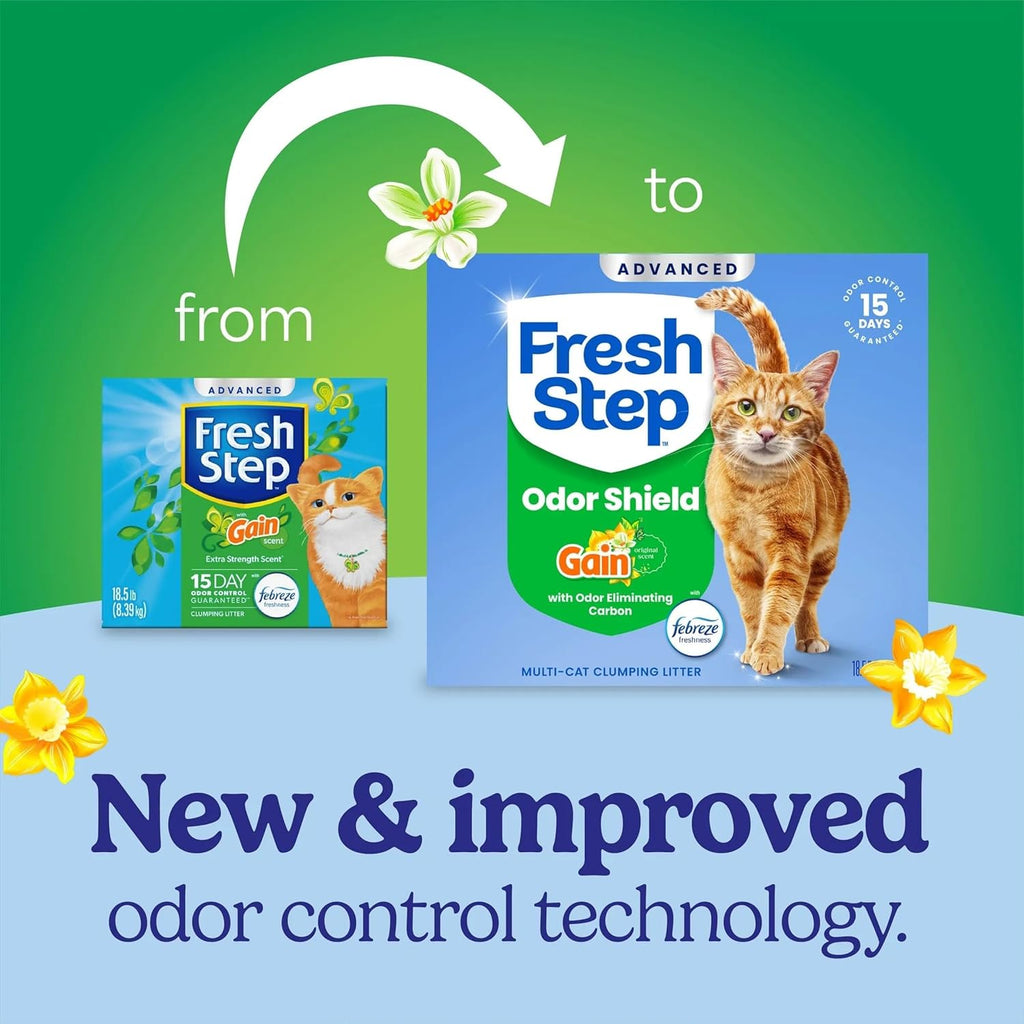 Fresh Step clumping cat litter box showing 18.5 pound size