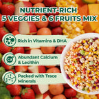 Close up view of freeze dried fruit and vegetable pieces inside jar