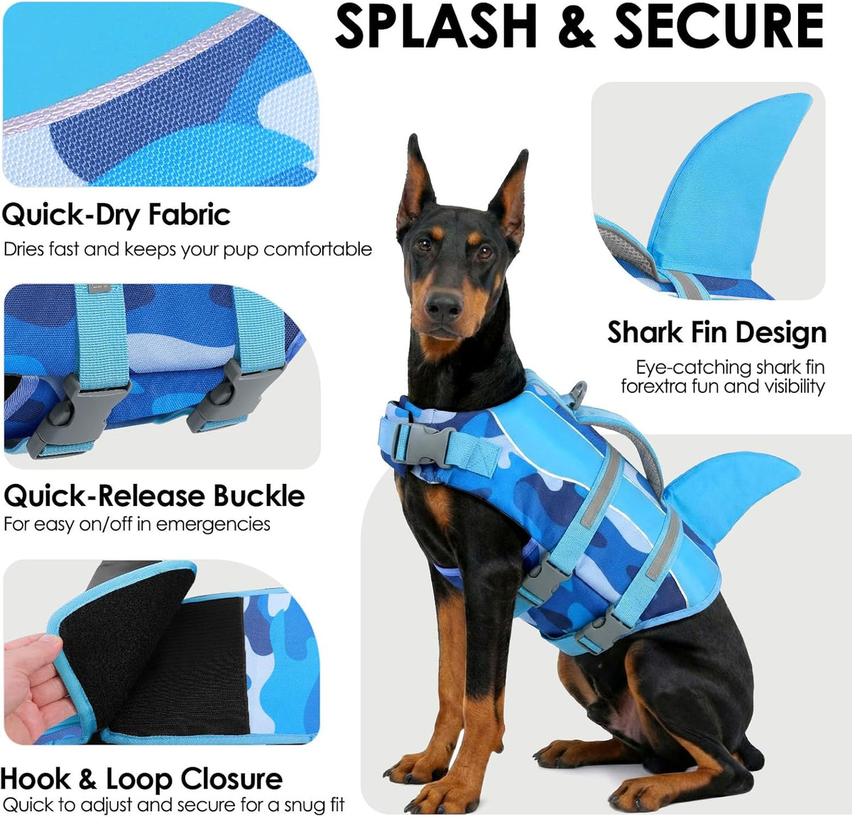 Adjustable pet lifesaver jacket showing reflective safety strips on the side.