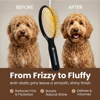 Back view of the premium wooden texture on the We Love Doodles professional dog brush.