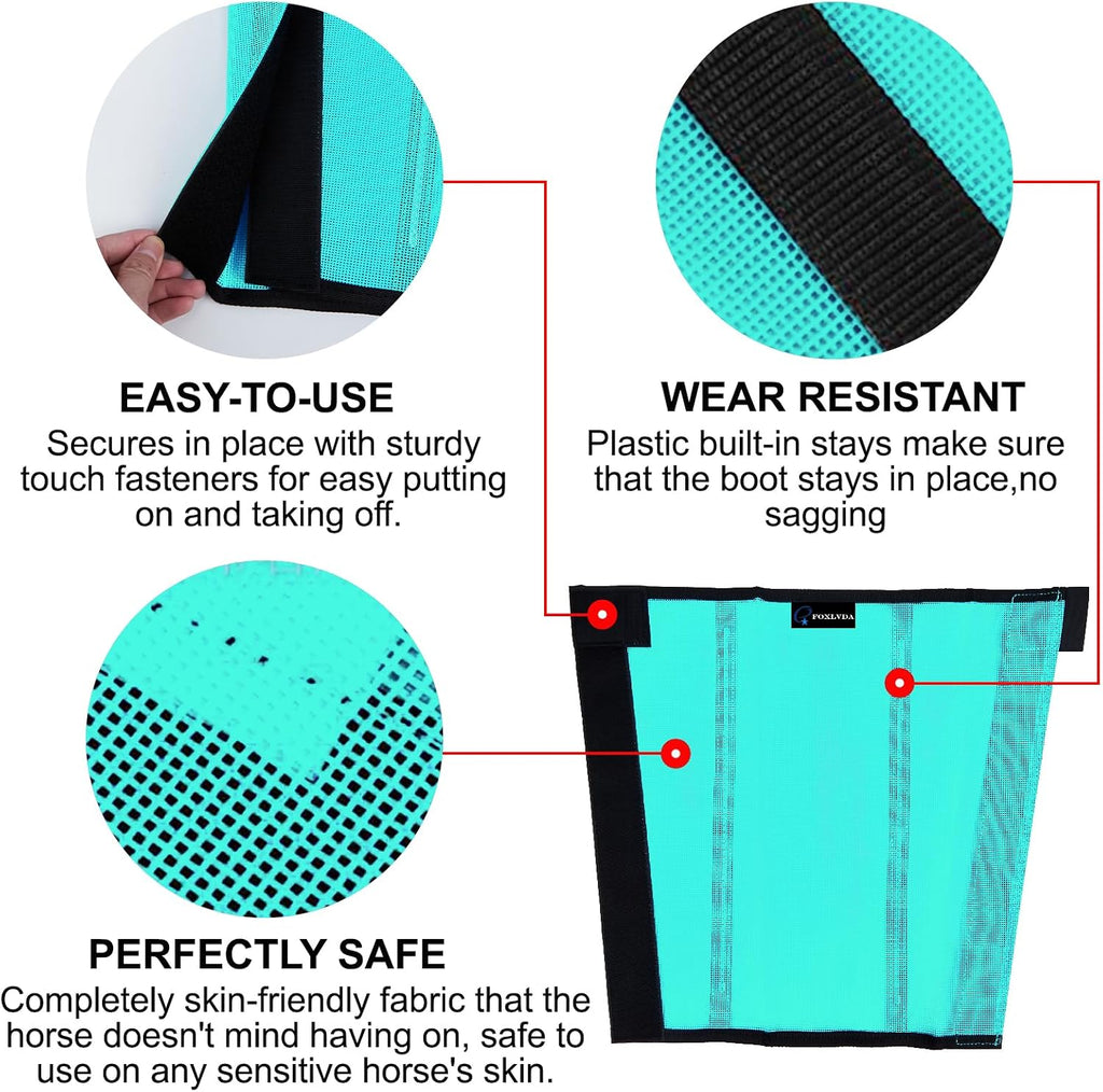 Breathable green mesh horse leggings designed to prevent stomping and leg fatigue