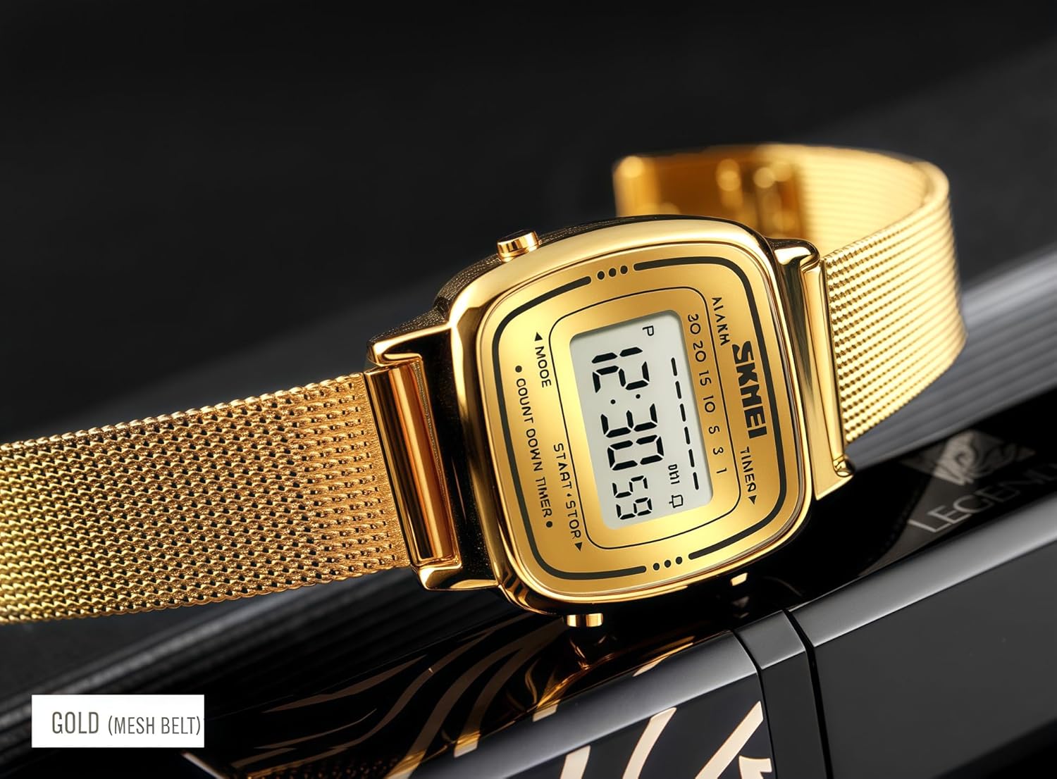 Side angle of the six millimeter ultra thin stainless steel watch case on a modern display.