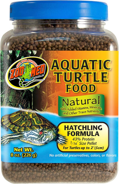 Zoo Med Natural Aquatic Turtle Food Hatchling Formula 8 Ounce front bottle view showing micro floating pellets.
