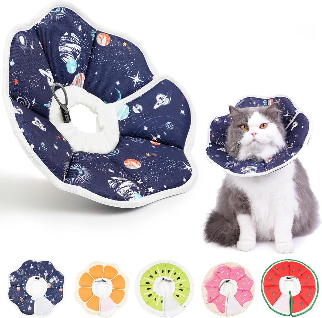 Hpetppy soft cat cone collar front view of space-themed blue donut recovery collar on a kitten