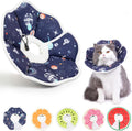 Hpetppy soft cat cone collar front view of space-themed blue donut recovery collar on a kitten