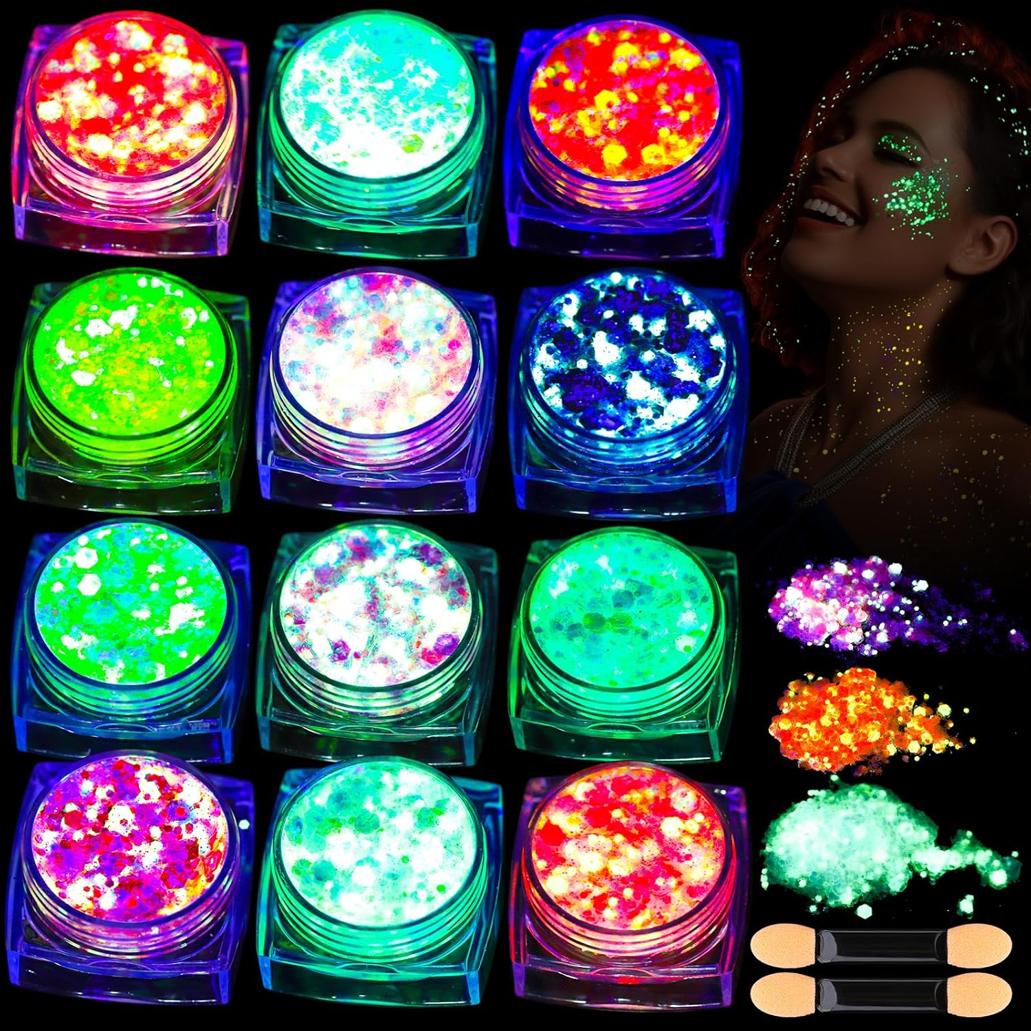 Teenitor 12 Colors Glow in The Dark Glitter Gel front packaging view showcasing twelve vibrant cosmetic jars