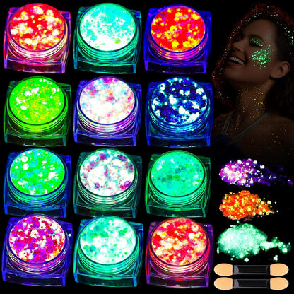 Teenitor 12 Colors Glow in The Dark Glitter Gel front packaging view showcasing twelve vibrant cosmetic jars