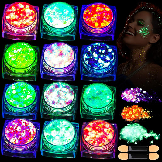Teenitor 12 Colors Glow in The Dark Glitter Gel front packaging view showcasing twelve vibrant cosmetic jars