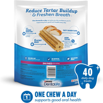 Authentic USA imported Purina DentaLife treats packaging highlight text indicating tartar reduction percentage.