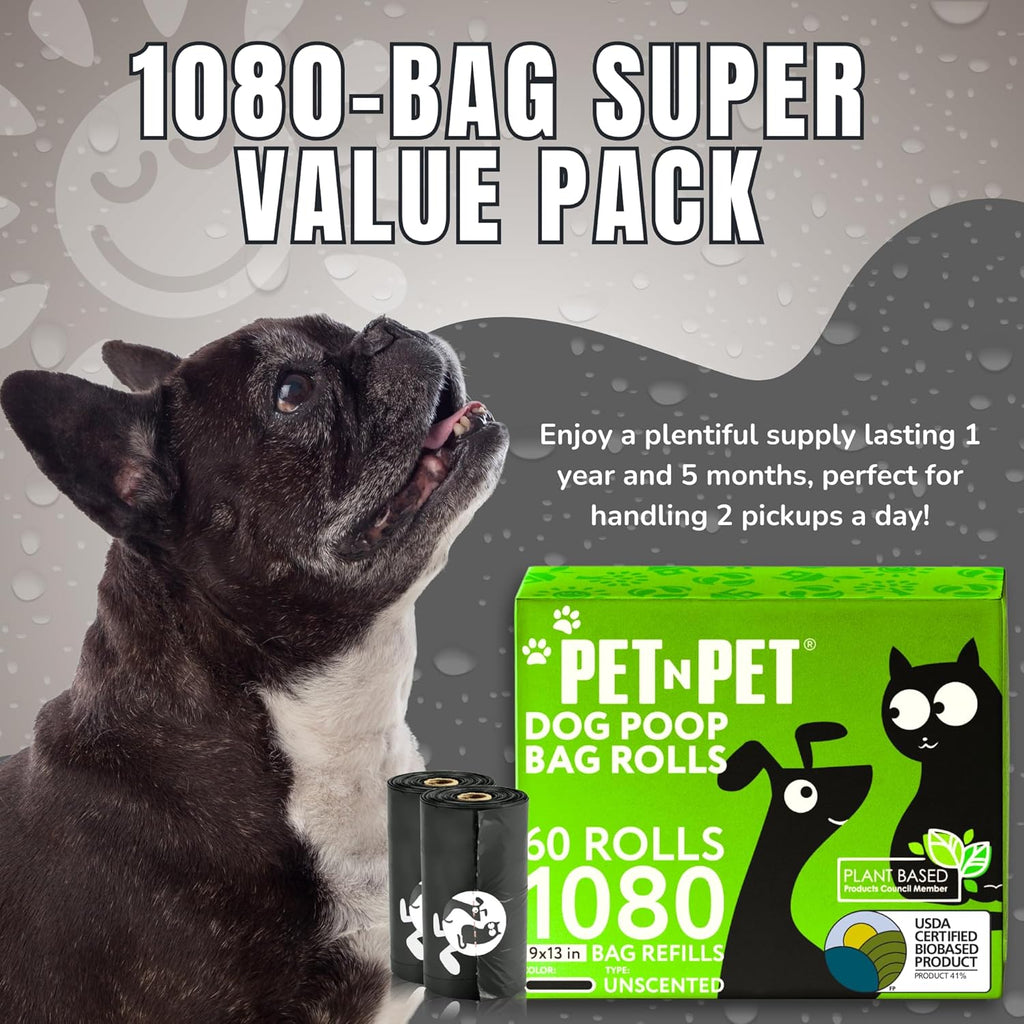 Sixty rolls of Pet N Pet unscented dog waste bags neatly arranged.