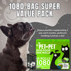 Sixty rolls of Pet N Pet unscented dog waste bags neatly arranged.