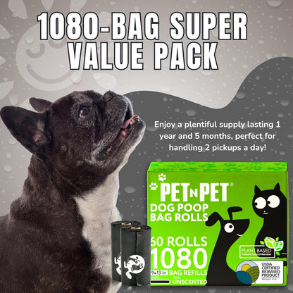 Sixty rolls of Pet N Pet unscented dog waste bags neatly arranged.