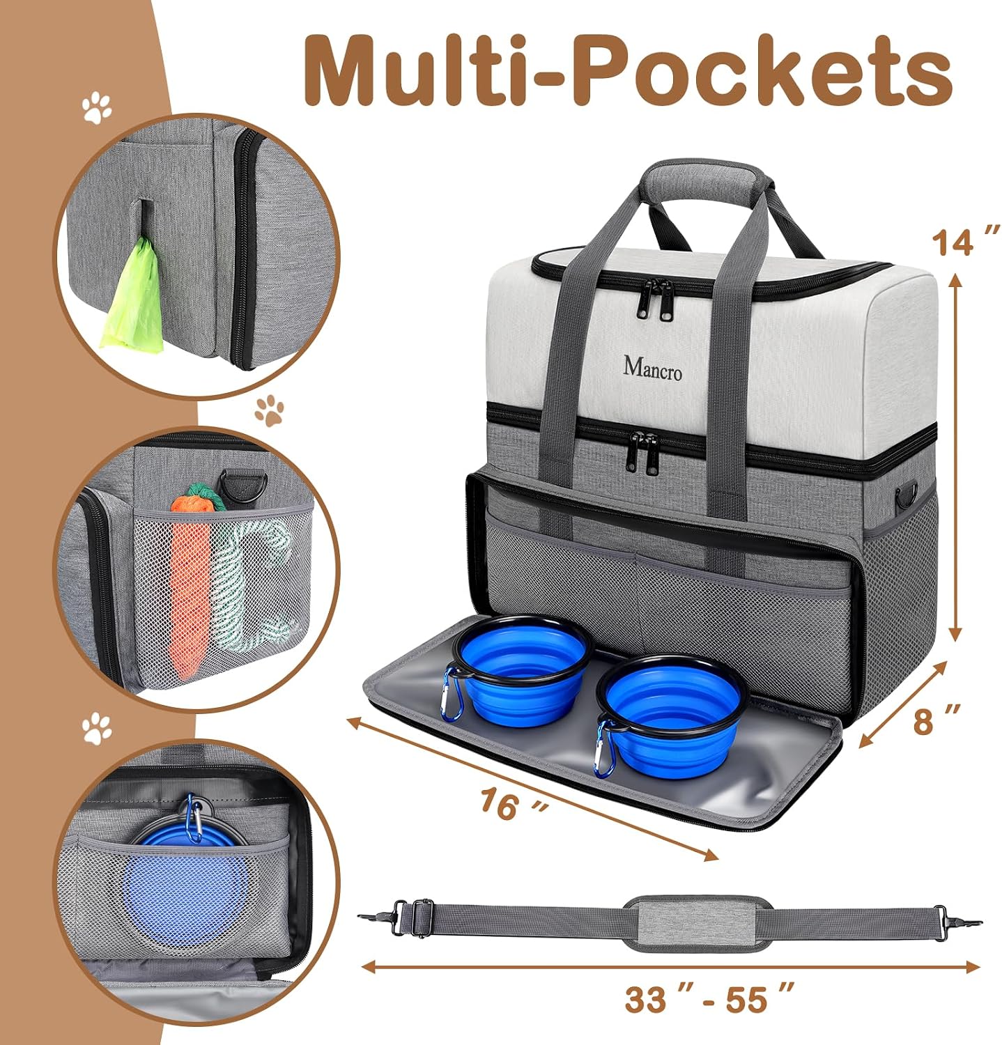 Two grey insulated dog food containers included with Mancro travel kit