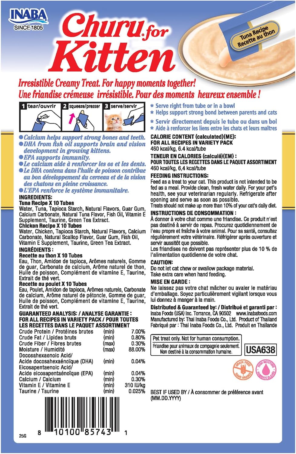 Nutritional benefit icons for Inaba Churu kitten treats