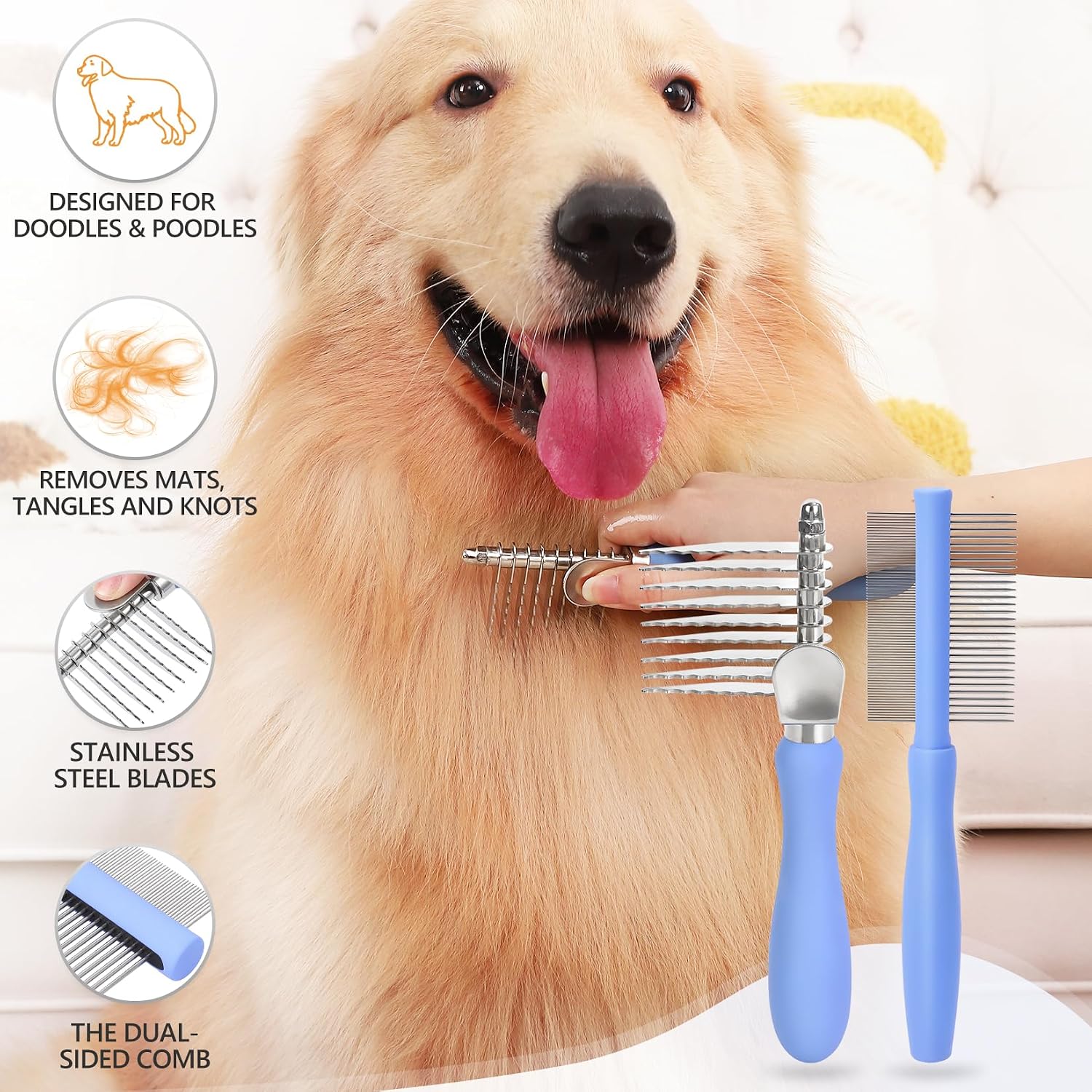 Myselect grooming rake with beech wood handle detail