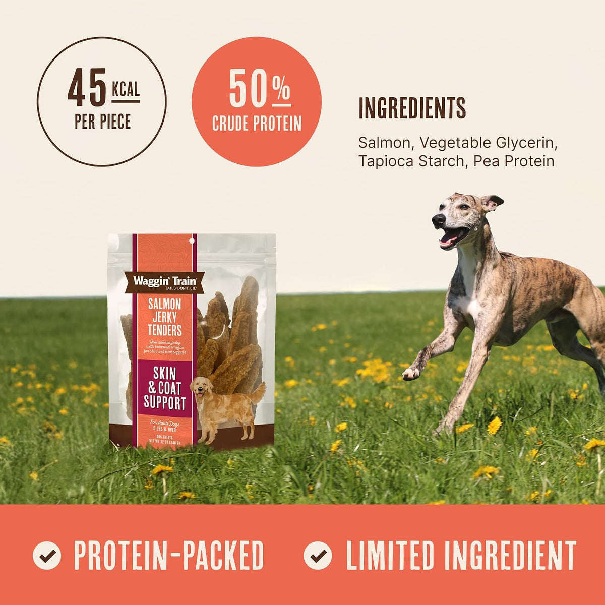 Back of packaging showing ingredients for Waggin' Train treats