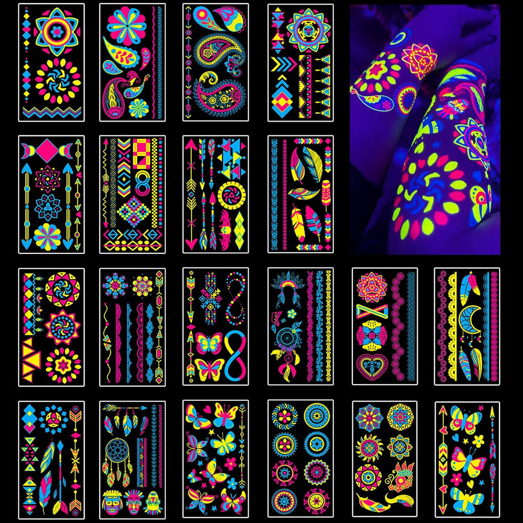 Vicloon glow in the dark temporary tattoos 170 piece set front view