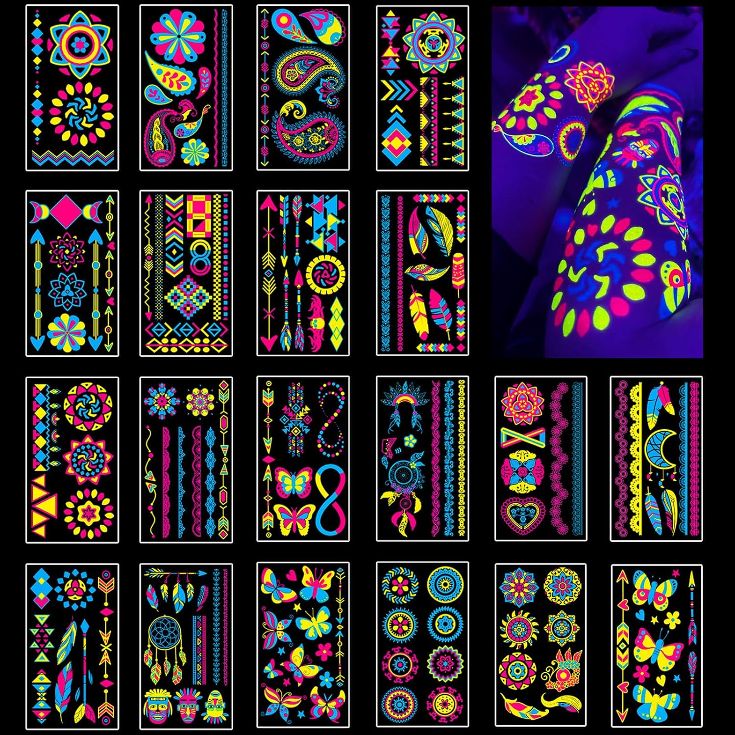 Vicloon glow in the dark temporary tattoos 170 piece set front view