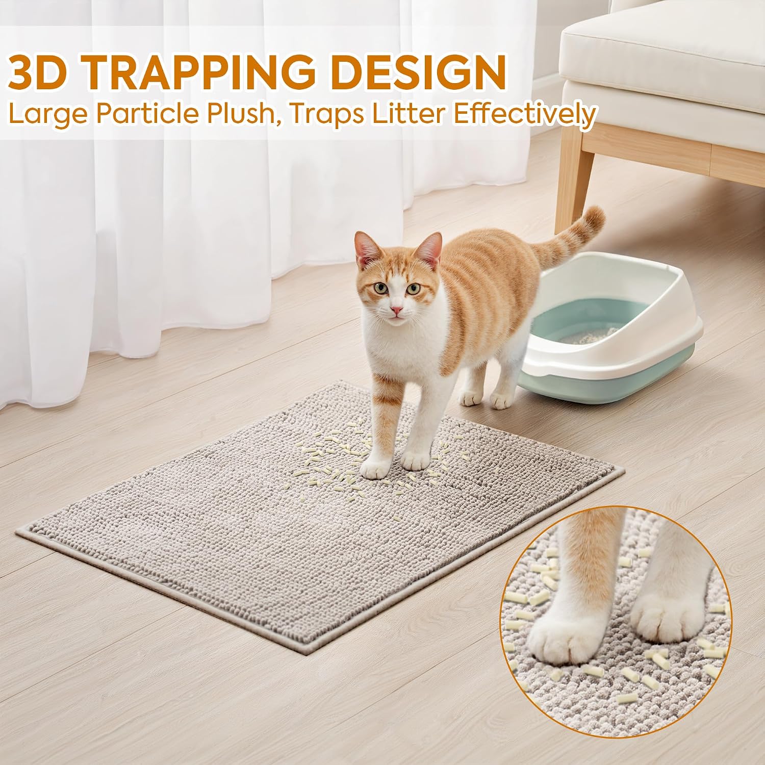 Pieviev soft absorbent litter trapping mat gray color placement near box.