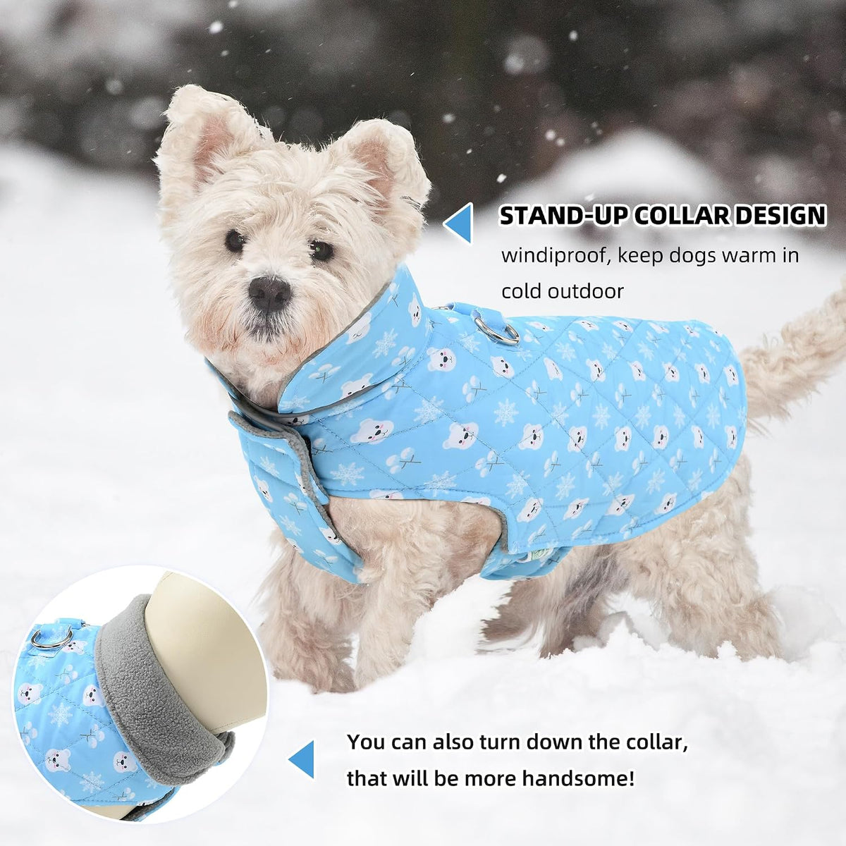 Cozy snow jacket vest for small dogs featuring dual D rings