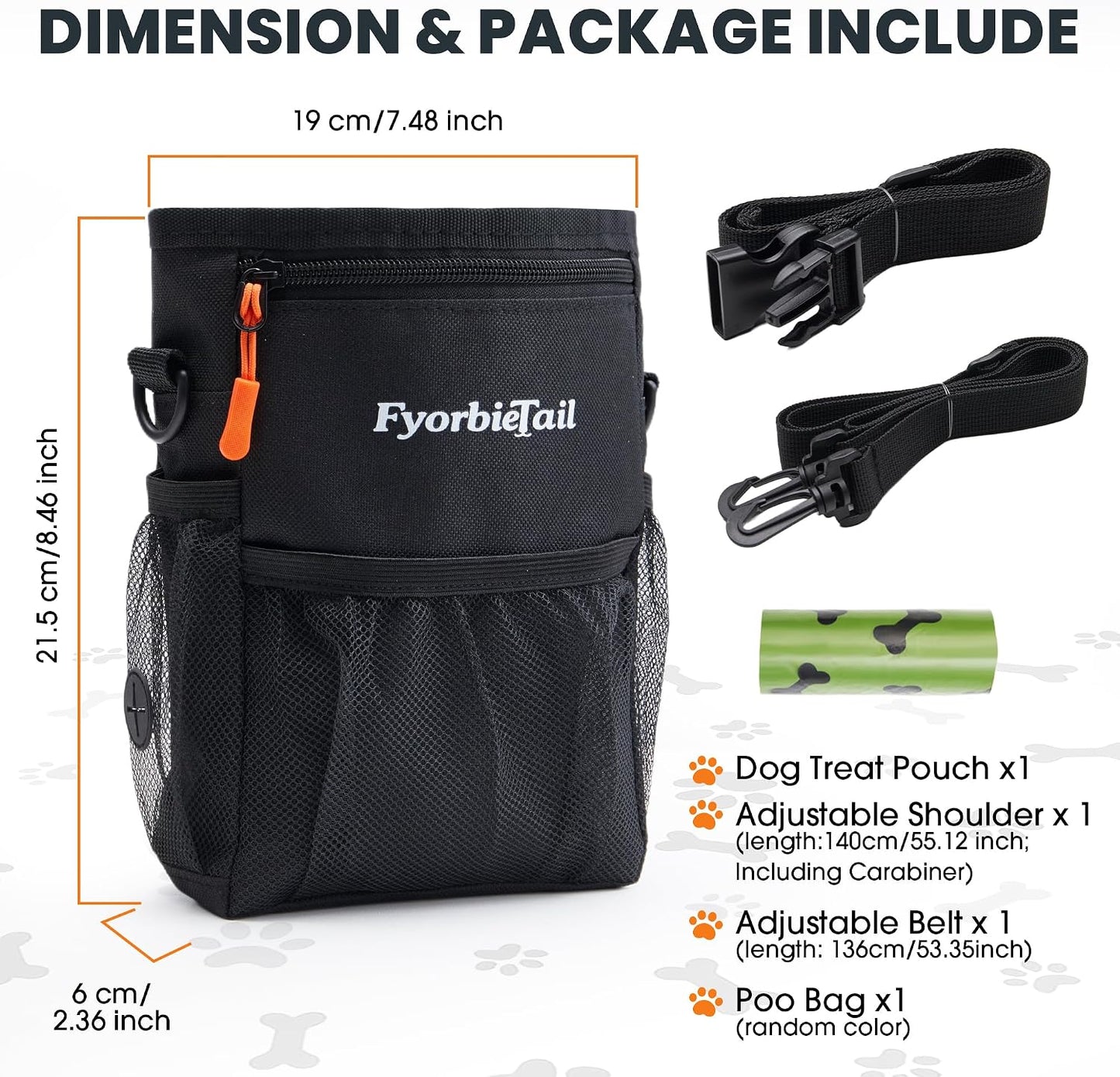Fyorbietail four cup treat bag showing the side integrated poop bag dispenser slot