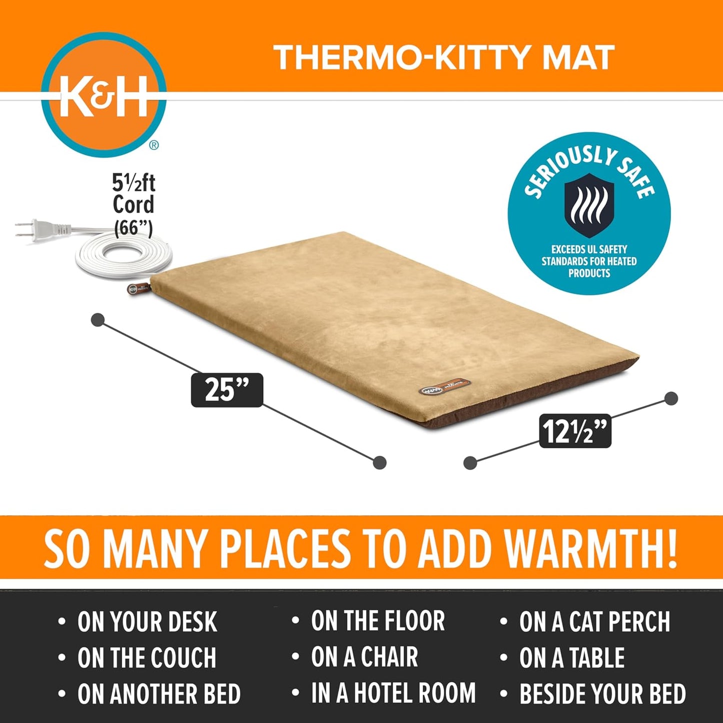 Indoor pet heating pad placement on a living room floor with safe corded electric setup.