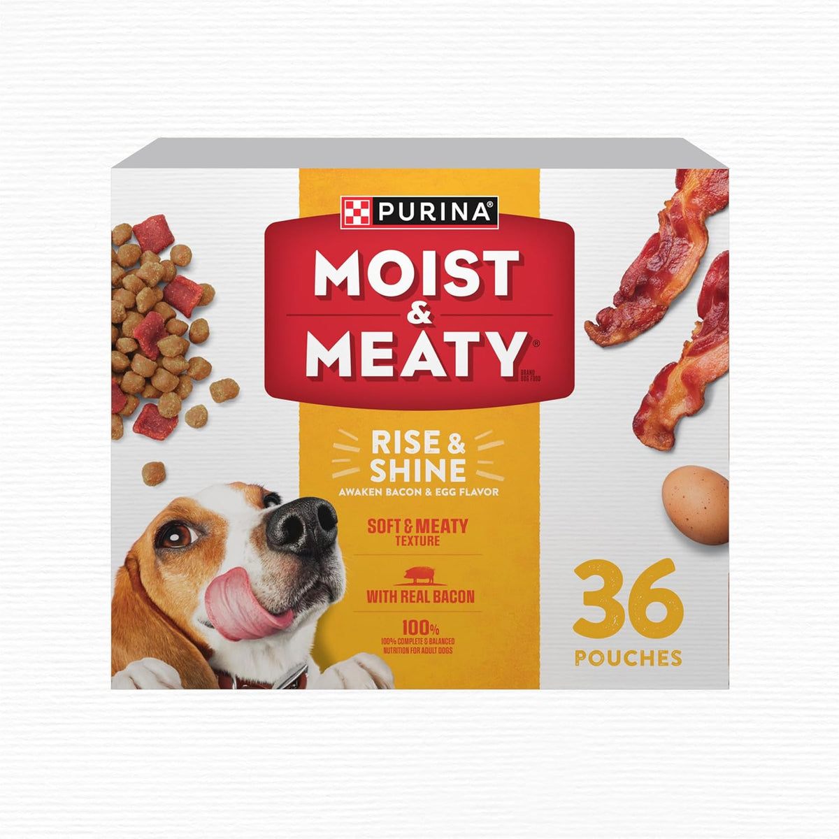 Purina Moist and Meaty Rise and Shine Bacon and Egg Flavor dog food box front view