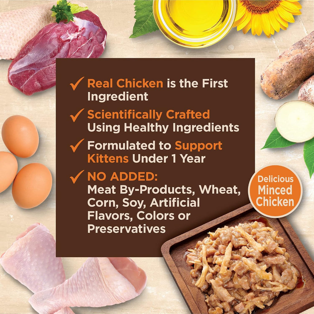 Premium protein rich minced chicken wet cat food texture in sauce closeup